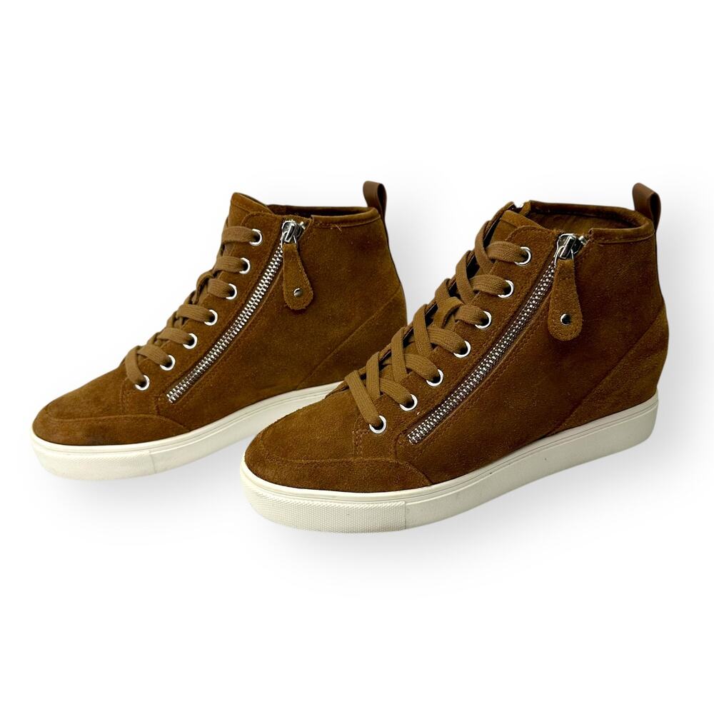 Steve Madden Women's Cornell Hidden Wedge High Top Sneaker Size 8.5 Cognac Suede - Picture 2 of 12